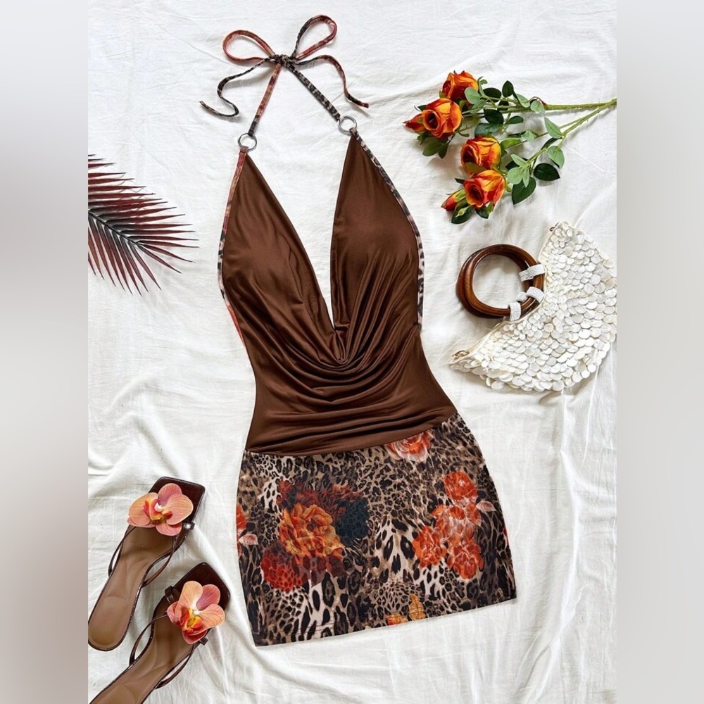 New Soleia Women's Romantic Leopard & Floral Halter Lace-Up Mini Dress Sz M
